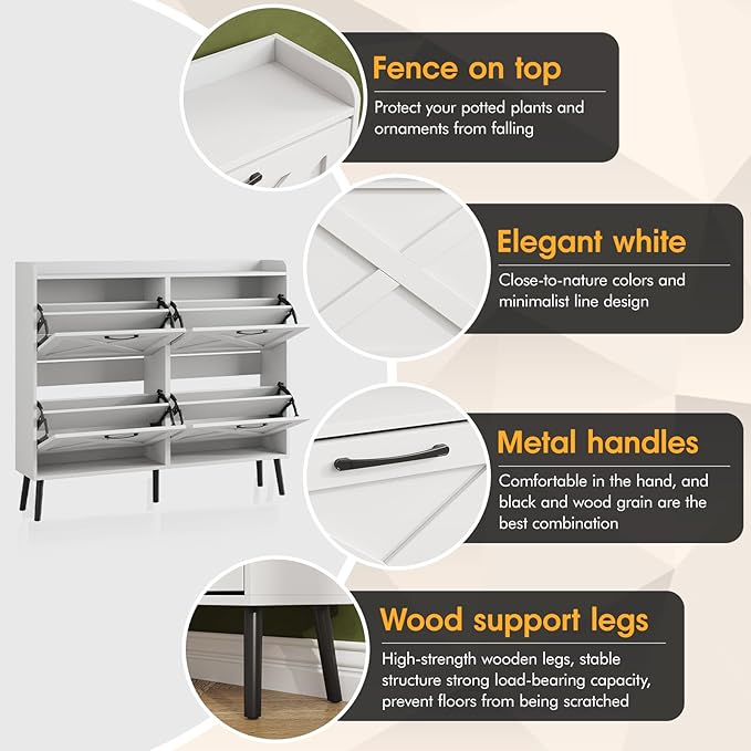 Maupvit Large Shoe Storage Cabinet with 4 Flip Drawers, Narrow Shoe Cabinet for Entryway with Wooden Legs, Freestanding Hidden Shoe Rack Organizer & Metal Hinges, White