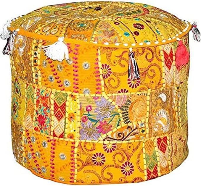 Aakriti Gallery Indian Pouf Footstool - Ethnic Embroidered Ottoman Pouf Cover, Cotton Round Pouffe - Yellow, 22x14