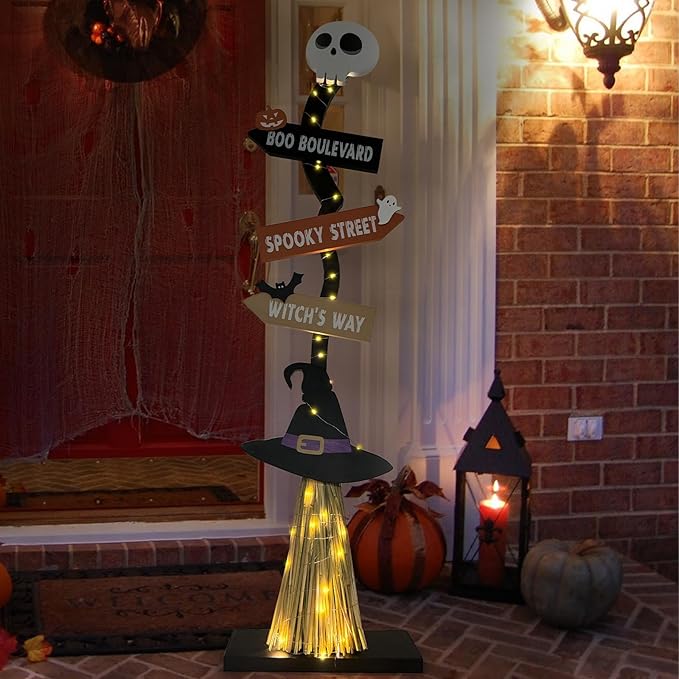 DAZONGE Halloween Decorations -Lighted Wooden Witch’s Broom for Indoor Outdoor Porch Yard Decor - Spooky Light up Halloween Witch Decorations Sign
