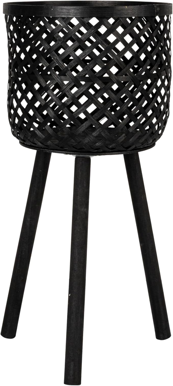 Creative Co-Op Woven Bamboo Baskets with Wooden Legs, Black, Set of 3