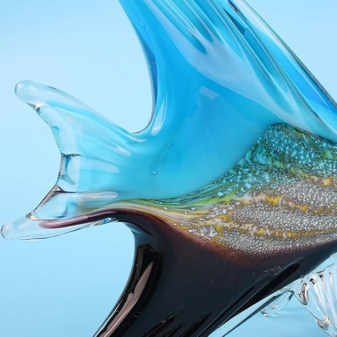 Hophen Art Glass Tropical Angel Swallow Fish Blown Handmade Sea Animal Figurine Sculpture Home Decor Collectible Statue Paper Weight Gift Ornament (Blue and Black)