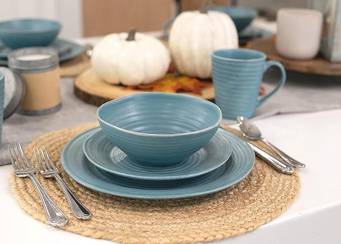 Elanze Designs Charming Chic Ribbed Modern Thrown Pottery Look Ceramic Stoneware Plate Platter Mug & Bowl Kitchen Dish Dinnerware 16 Piece Set - Service for 4, Turquoise