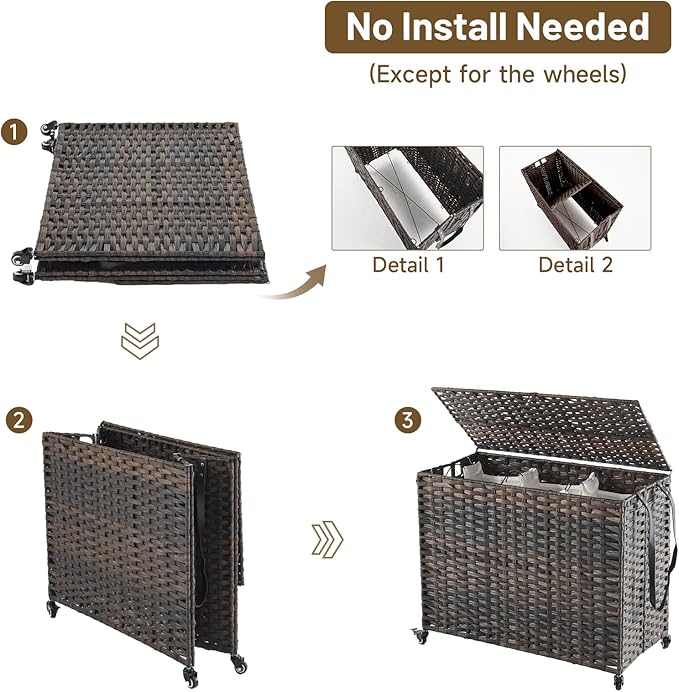 Laundry Hamper with Wheels, 52.8 Gallon(200L) Rolling Laundry Basket with Lid, 3-Section Rattan Clothes Hamper with 3 Removable Liner & 3 Mesh Bags, Laundry Sorter with Side Pocket, Brown