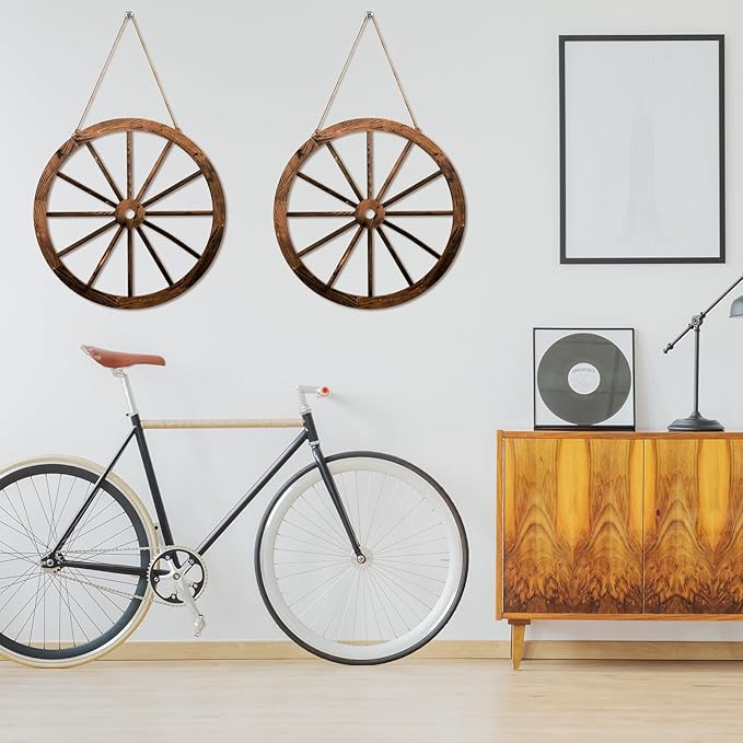 2 Pcs Wagon Wheel Decor Wooden Western Cowboy Party Decorations Vintage Rustic Wagon Wheel Wood Cartwheel Decor for Bar Garage Indoor Outdoor (Brown,18 Inch)