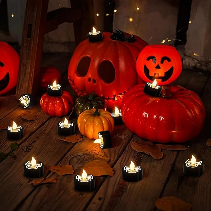DRomance Halloween Flameless Votive Candles Battery Operated with 6H Timer, 12 Pack Black Spooky Skull Decal LED Flickering Pumpkin Tea Lights Candles Fall Indoor Decoration(1.5" D x 1.4" H)