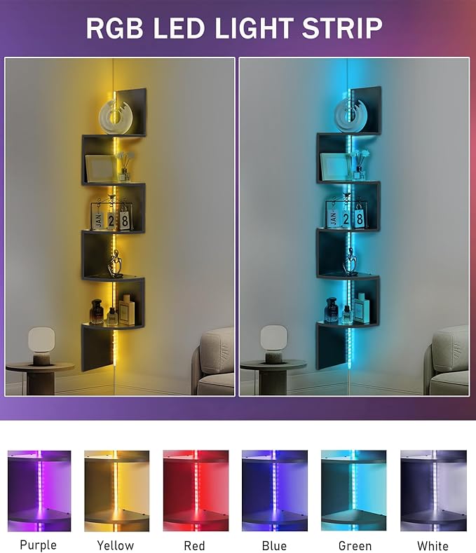 5 Tiers Corner Shelf with RGB LED Lights, 49.2" Wall Mount Floating Corner Display Shelf for Living Room Bedroom Home Office Decor, APP & Remote Control (Black)