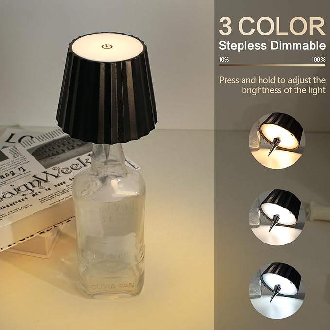 Wine Bottle Lamp, 2025 New 3 Color Rechargeable Wireless Bottle Lamp for Liquor Bottles with Touch Dimming for Parties, Restaurants & Home Decor (Black)