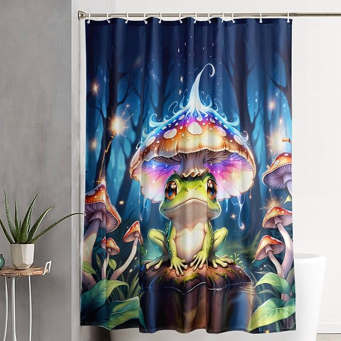 AILONEN Cartoon Frog Shower Curtain,Magic Mushroom Waterproof Fabric Bath Curtain for Kids Girls,Boho Style Tropical Amphibian Shower Curtain Set for Bathroom, 72" W*72" H