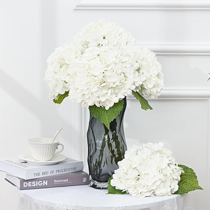 MARTINE MALL 3Pcs 21in Hydrangea Artificial Flowers, Latex Real Touch Hydrangeas Lifelike Large Hydrangea Flowers for Home Decor Party Arrangements Wedding Bouquets Centerpieces (White)