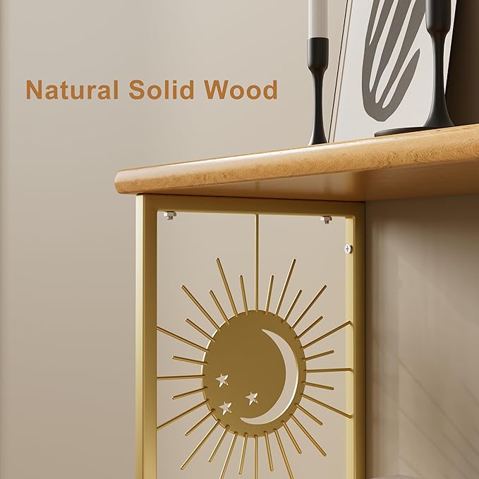 Floating Nightstand Wall Mounted - Natural Solid Wood Night Stand, Bedside Table 2 Tier Shelf, Modern Metal Celestial Side Floating Shelves Decor for Living Room Bedroom