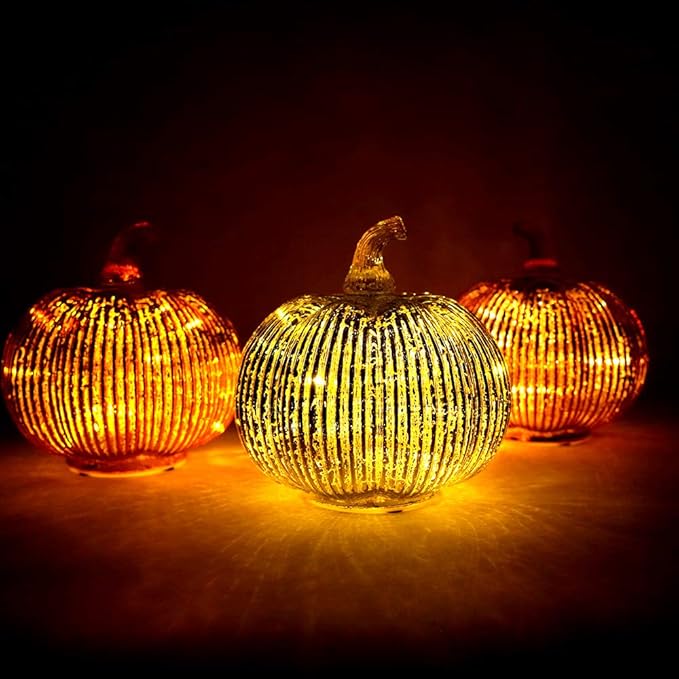 Mercury Glass Light up Pumpkin with Timer- Fall Decoration for Home-Lamps for Festive Decoration-Halloween Decorations (Gold)
