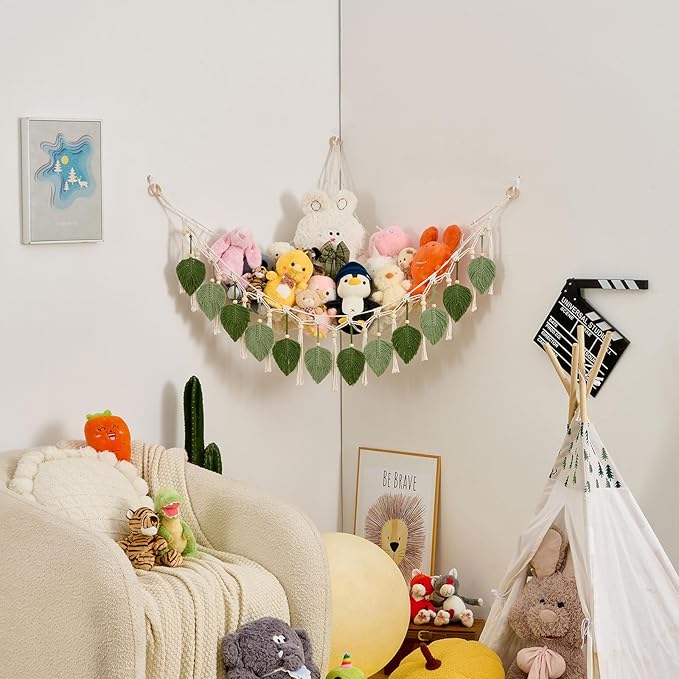Pretty Jolly Macrame Leaf Wall Hanging Storage Hammock, 59" Boho Corner Organizer with Tassels, Stuffed Animal Plush Holder for Kids Room Nursery Decor (Avocado Green & Sage Green)