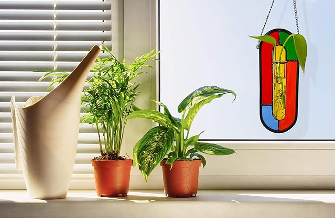 LITMIND Hanging Planter Terrarium with Vibrant Stained Glass Suncatcher Elements, Hydroponic Mini Plants Propagation Station - Perfect for Home & Garden Decor, Includes 2 Glass Propagation Tube