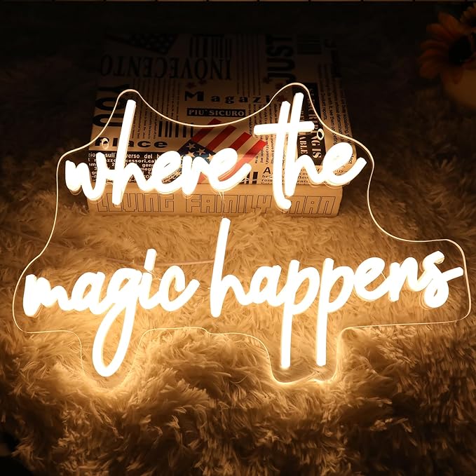 Where The Magic Happens Neon Sign Led Light Up Signs for Wall Decor USB Powered Letter Neon Light Signs for Bedroom Wedding Decor Birthday Party Shop Bar Man Cave 16 x 9.6''(Warm White)