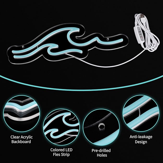 Wave Neon Signs with Cycle Timer,Dimmer Ice Blue Wave Led Neon Light Sign For Kids Wall Decor USB Powered For Living Room Bar Bedroom Christmas Gift