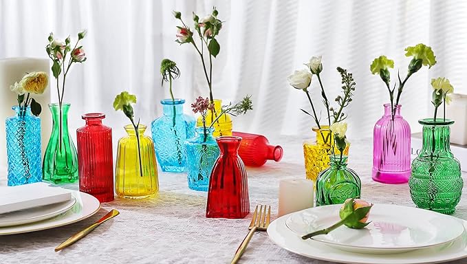 Color Bud Vases in Bulk -Glass Colorful Bud Vase Set Small Flower Glass for Centerpieces,Mini Vintage Style for Rustic Wedding Decorations, Holiday Party Table Flower Decor (20 Colors)