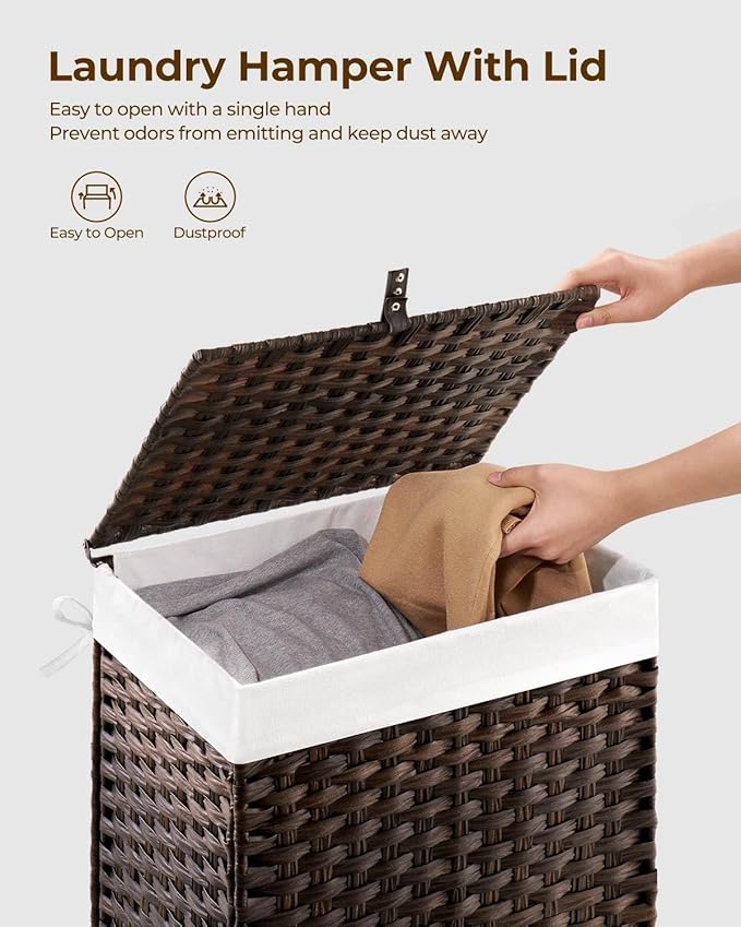 Greenstell Laundry Hamper with Lid, 125L Laundry Basket with 2 Removable Liner Bags & 2 Mesh Bags, Handwoven Synthetic Rattan Clothes Hamper for Clothes, Toys in Bathroom, Bedroom, Foldable, Brown