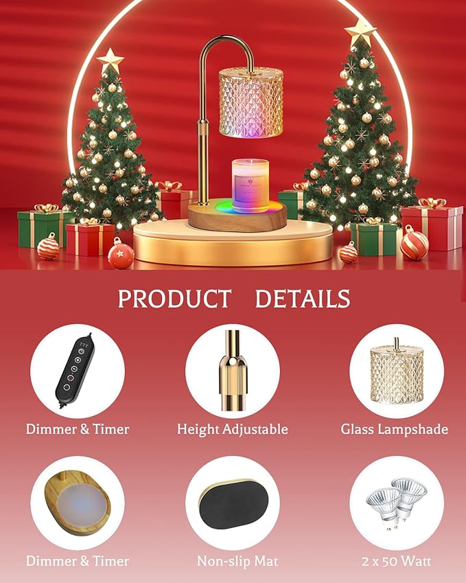 Candle Warmer Lamp with 7 LED Color Changing, Timer Dimmer Height Adjustable, Candle Warmer with RGB Model with 2 Bulbs, Home Decor for Mom, Wife, Lover, Friend