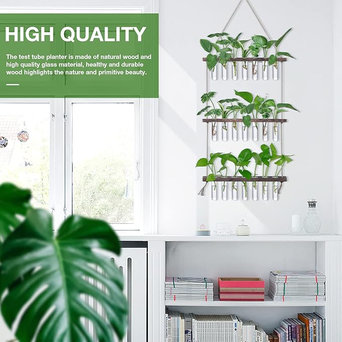 XXXFLOWER Wall Hanging Propagation Station with Wooden Stand 21 Glass Test Tubes 3 Tiered Planters Wall Terrarium for Home Office Plant Hanger Flower Vases Wall Decor Hydroponic Cuttings Brown