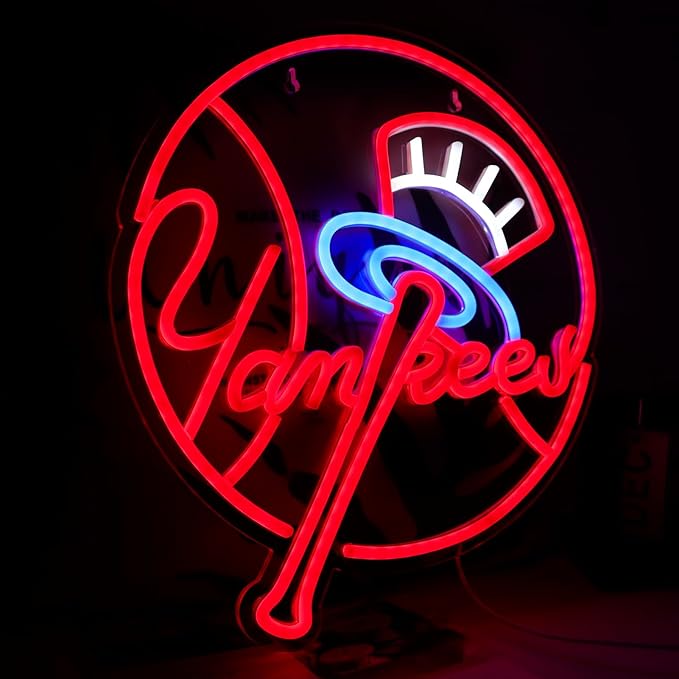 YANKEES Neon Signs for Wall Decor,Baseball Team Neon Lights for Bedroom,LED Signs Suitable for Man Cave,5V Power Adapter,Birthday、Christmas Gifts for Boys 13 * 15Inch(Red+Blue+White)