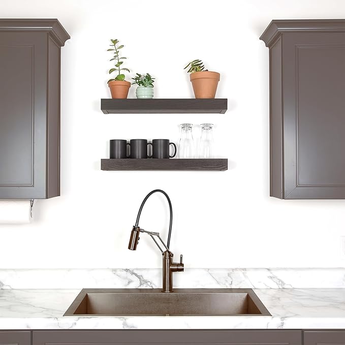 HIGH & MIGHTY 515659 Modern 24" Floating Shelf Holds up to 20lbs, Easy Tool-Free Dry Wall Installation, Flat, eCommerce Packaging, Espresso
