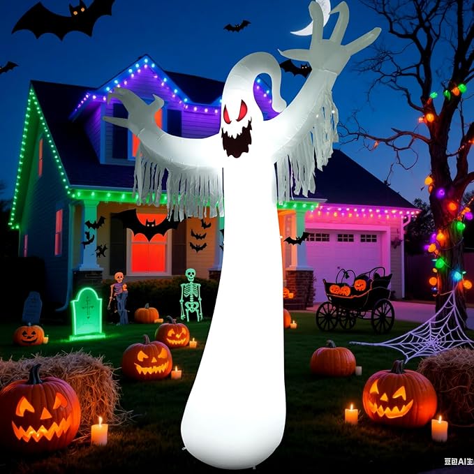 Sizonjoy 12 FT Halloween Decoration Inflatable Ghost, Blow Up Animated Red Eyes Ghost with Build-in LEDs, Outdoor Scary Inflatable Decoration for Front Yard, Porch