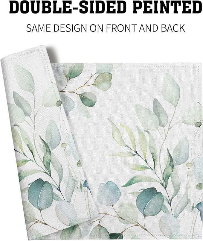 Sage Green Placemats Set of 4 Washable Non-Slip Heat Resistant 12×18 Inch Spring Watercolor Eucalyptus Leaves Thick Place Mats Decorative Linen Fabric Table Mat for Dining Table Kitchen Home Decor