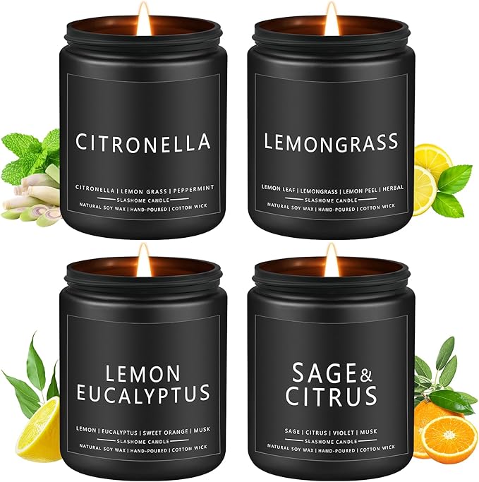 Outdoor Candles for Men, Scented Candles for Summer, Gifts for Father Dad & Boyfriend, Soy Jar Candle for Home Scented - Citronella/Lemon Eucalyptus/Lemongrass/Sage & Citrus (7oz - 4 Pack)
