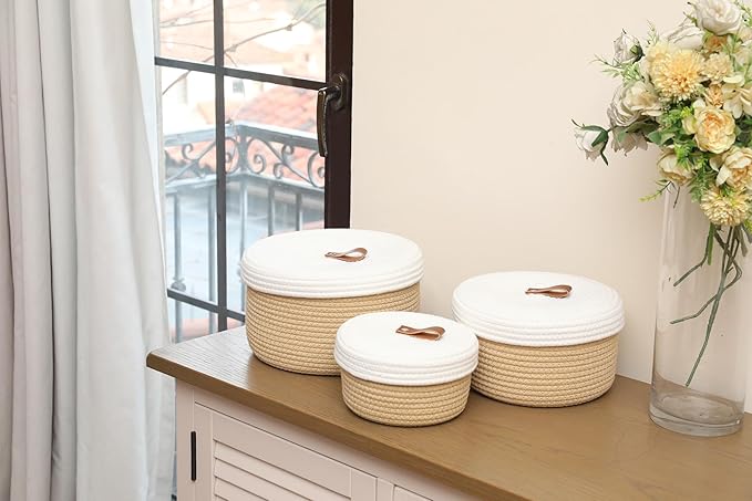Cottonphant Set of 3 Stylish Round Woven Baskets with Lids - Elegant Storage Solution for Home Decor and Organization - Compact Shelf Baskets (Beige/White Lid, 10"x6"-8"x5"-6"x4")