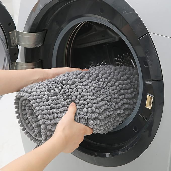 ACCUMTEK Striped Light Grey Bathroom Rug Mat 70"x24" Ultra Soft, Non Slip Chenille Bath Rugs, Absorbent Plush Shaggy Bath Mats for Bathroom, Bedroom, Kitchen, Shower, Tub,Light Gray