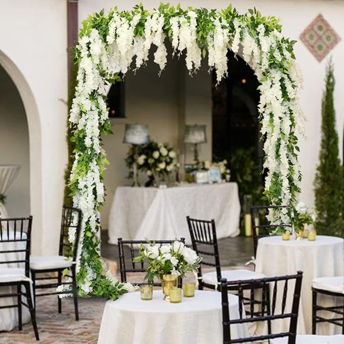 Wisteria Artificial Flowers Garland, 4Pcs Total 28.8ft Silk Faux Wisteria Vine Kit, Hanging Flower Plant for House Outdoor Garden Ceremony Outside Wedding Arch Floral Decor (4, White)