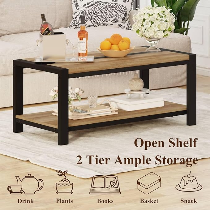 BON AUGURE Wood Coffee Table, Rectangle Coffee Tables for Living Room, Farmhouse Living Room Center Tables, Low Cocktail Tea Table with Rounded Corner (Vintage Oak, 43 Inch)