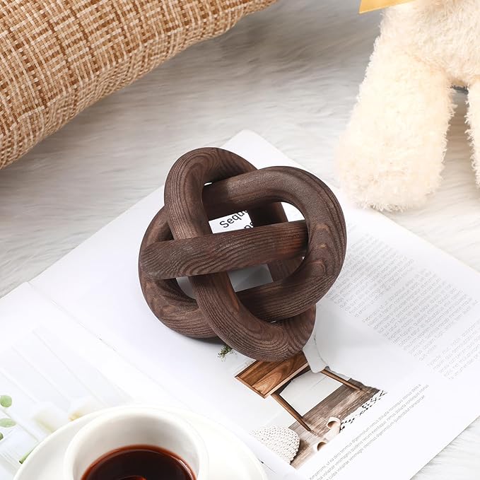 Yalikop 3 Link Wood Knot Decor - Hand Carved Coffee Table Decoration, Boho Chain Link Decor, Modern Shelf, Rustic Objects for Home Living Room Bedroom(Black Walnut)