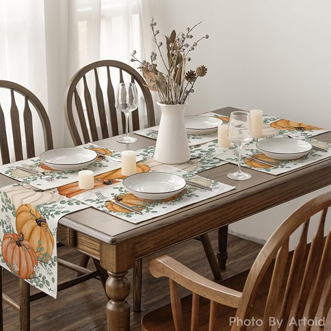 Artoid Mode Orange Pumpkin Eucalyptus Fall Placemats Set of 2, 12x18 Inch Seasonal Table Mats for Table Runner Party Kitchen Dining Decoration