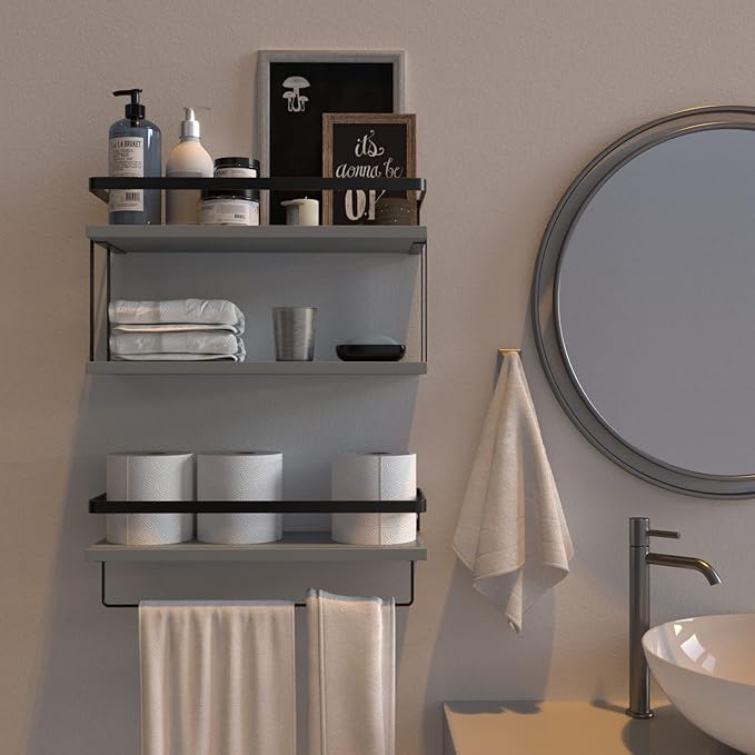 RICHER HOUSE 2+1 Tier Wall Mounted Floating Shelves Set of 2, Rustic Wood Wall Shelf with Metal Frame, Extra Storage Rack for Bathroom, Kitchen, Bedroom with Tissue Rack & Towel Bar - Grey