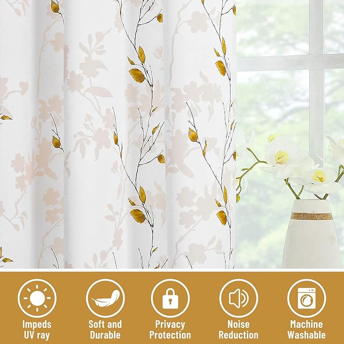 Joydeco Floral Curtains 108 Inches Long for Bedroom 2 Panels, Room Darkening Curtains Patterned Panels for Living Room with Grommet, 80% Blackout Leaf Printed Drapes(Leaf Brown-108)