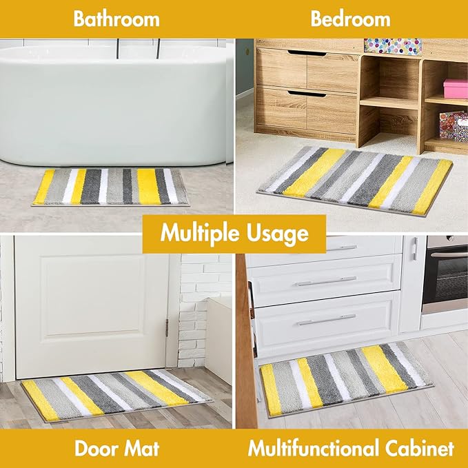 MIULEE Fluffy Bathroom Rugs Bath Mats Rugs Microfiber Striped Shower Rug Absorbent, Soft and Plush Machine Washable Non Slip Carpet Quick Dry for Bathroom Floor Tub, 20x30 Inch, Yellow-Grey