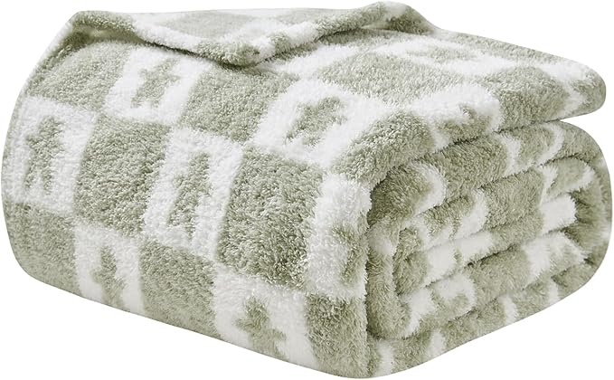 EMME Checkered Blanket Twin Size - 60"x80" Green Knit Blanket Soft Fluffy Patterned Throw Blankets for Couch, Sofa, Chair, Bed, Camping, Picnic, Travel
