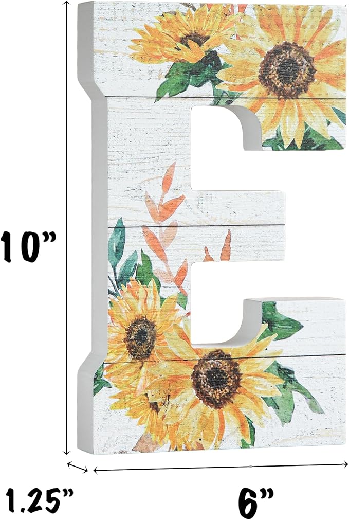 COLLECTIVE HOME - 10" Wood Lettes for Wall Decor, Sunflower Tabletop Alphabet Decoration, DIY Farmhouse Decor, Rustic Freestanding Monogram Block (E)