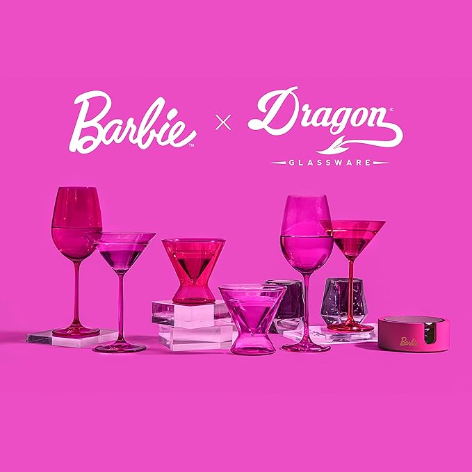 Dragon Glassware x Barbie Coasters with Holder - Pink Crystal Glass Coasters for Drinks Set of 4 - Lead-Free and Non-Slip Barware for Coffee Table