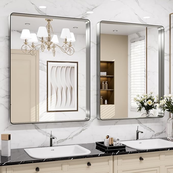 LOAAO 32X36 Inch Brushed Nickel Bathroom Mirror, Rounded Rectangle Silver Metal Frame Mirror, Brushed Nickel, Anti-Rust, Hangs Horizontally or Vertically