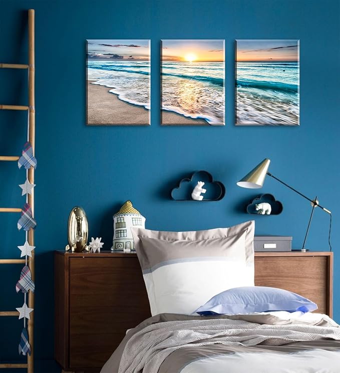 3Pcs Ocean Decor - Modern Beach Bathroom Decor Wall Art for Living Room Beach Decorations for Home Pictures Bedroom Canvas Seascape Paintings Deep Blue Sea Wave Sunset Framed