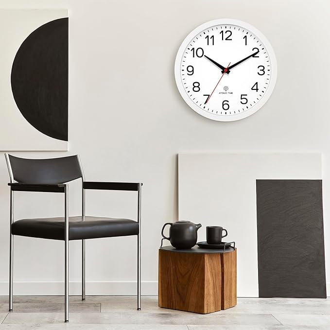 AKCISOT Atomic 10 Inch Wall Clock Analog Clocks for Indoor Kitchen-Silent Battery Operated Clock for Bedroom Office Classroom Living Room(White)