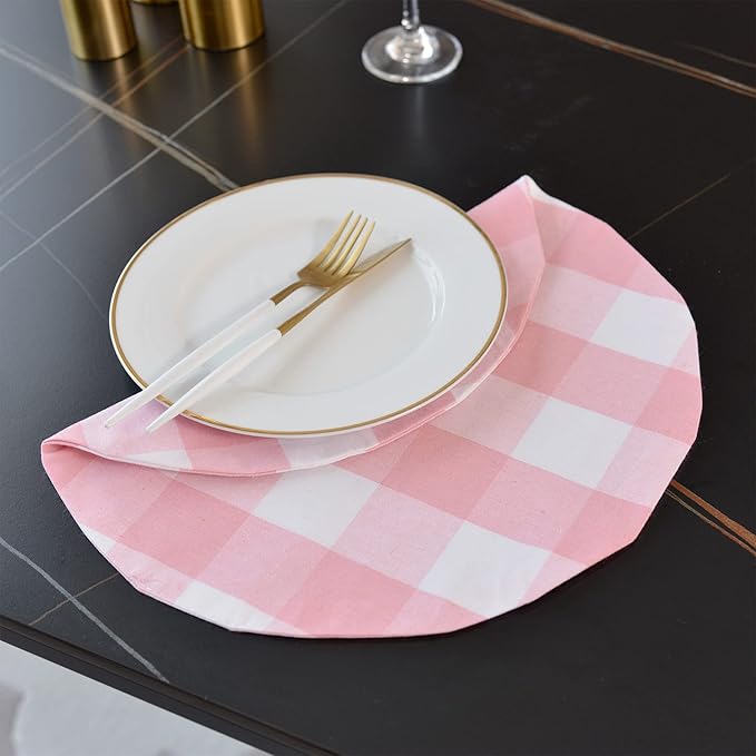 Pink & White Cotton Buffalo Check Plaid Round Placemat, Set of 4, 15 Inch eco-Friendly Fabric Handcrafted Machine Washable Indoor & Outdoor Tablemat