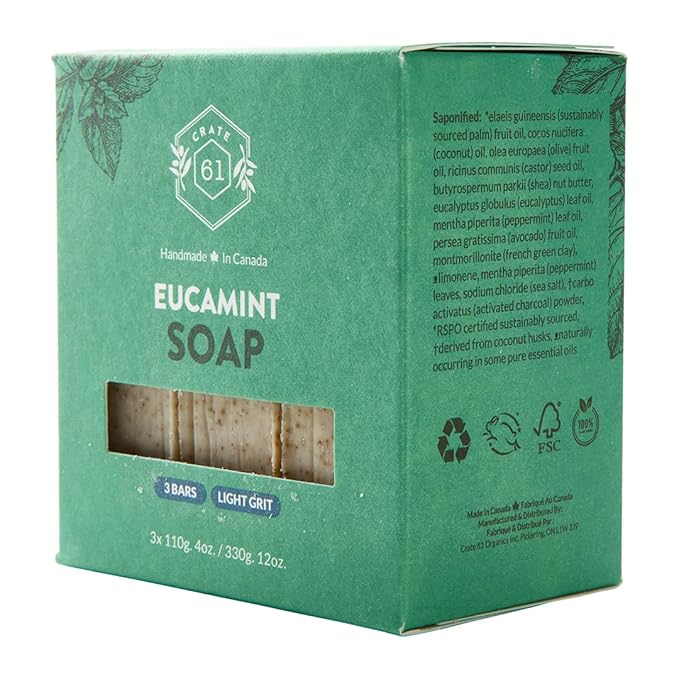 Handmade in Canada, Plant Based Cold Process Natural Bar Soap For Face And Body, With Premium Essential Oils, For Men And Women 3 Pack (Eucamint)
