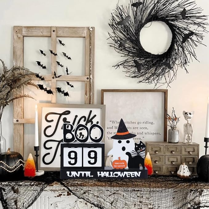 Halloween Decorations Indoor, DECSPAS Wood Halloween Countdown Calendar Halloween Decor, Two Movable Numeral Blocks for Counting 99 Days to Halloween, Ghost Ornaments Boo Sign Halloween Room Decor