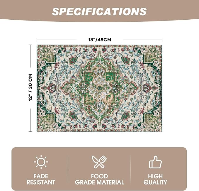 Artoid Mode Green Boho Bohemian Vintage Placemats Set of 4, 12x18 Inch Plastic Woven Washable Non-Slip PVC Place Mats for Party Kitchen Dining Decor