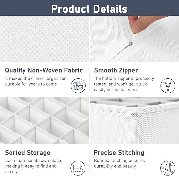 Joyoldelf Drawer Organizer 4 Pack - 2 x 24 Cell + 2 x 16 Cell Closet Organizers and Storage Dividers for Socks, Handkerchiefs, Ties, Belts (White)