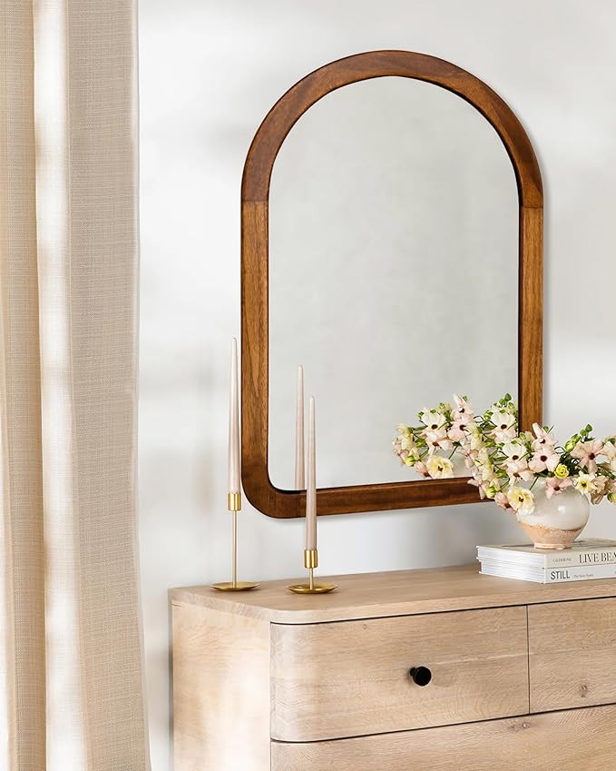 Arched Mirror 22 x 30 Inch,Brown Wood Rustic Bathroom Tempered Wall Mirror with Wood Frame,Round Corner Arch Farmhouse Wooden Vanity Mirror for Living Room,Entryway or Bedroom(Walnut Brown)