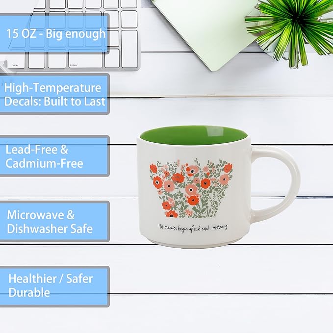 Blooming Floral Ceramic Mug 15 OZ (450ml) - His Mercies Begin Afresh Each Morning - Faith Inspired Coffee Cup with Botanical Design - Microwave & Dishwasher Safe